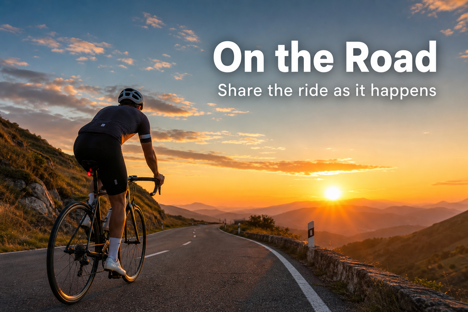 Cyclist riding into sunset with On the Road feature text